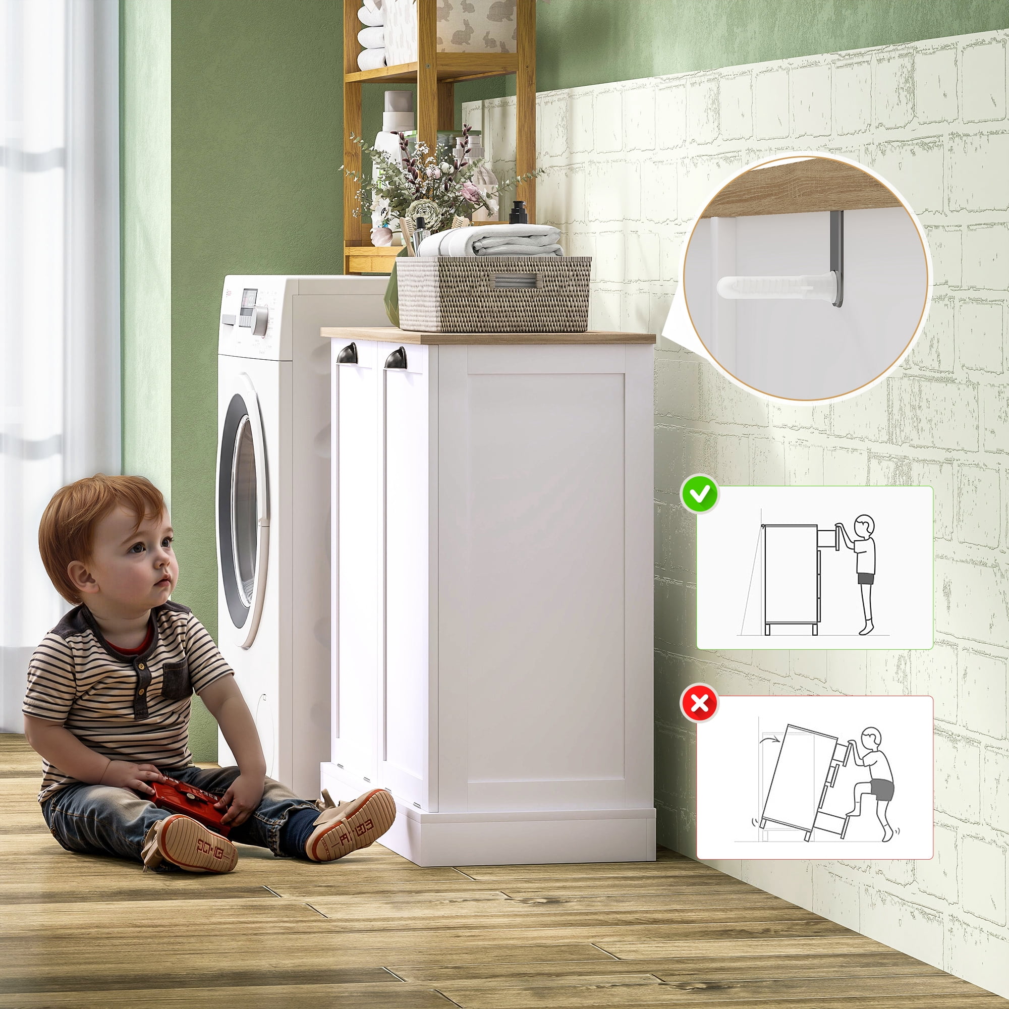 HOQBN Dual Tilt out Laundry Hamper Cabinet with 2 Removable Basket, Modern Bathroom Storage Cabinet with Shaker Doors and Handles, White