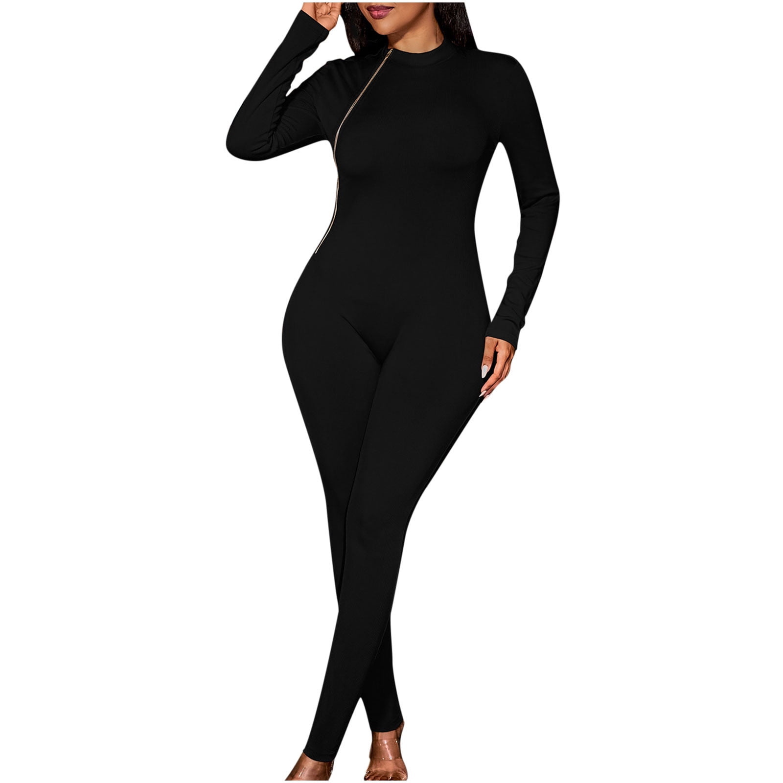 OEAK Women's Sports Jumpsuit, Long Tight Yoga Jumpsuit, Long Sleeve V-Neck  Playsuits with Zip, Jogging Romper, Trouser Suit, Tracksuit, black, S :  : Fashion