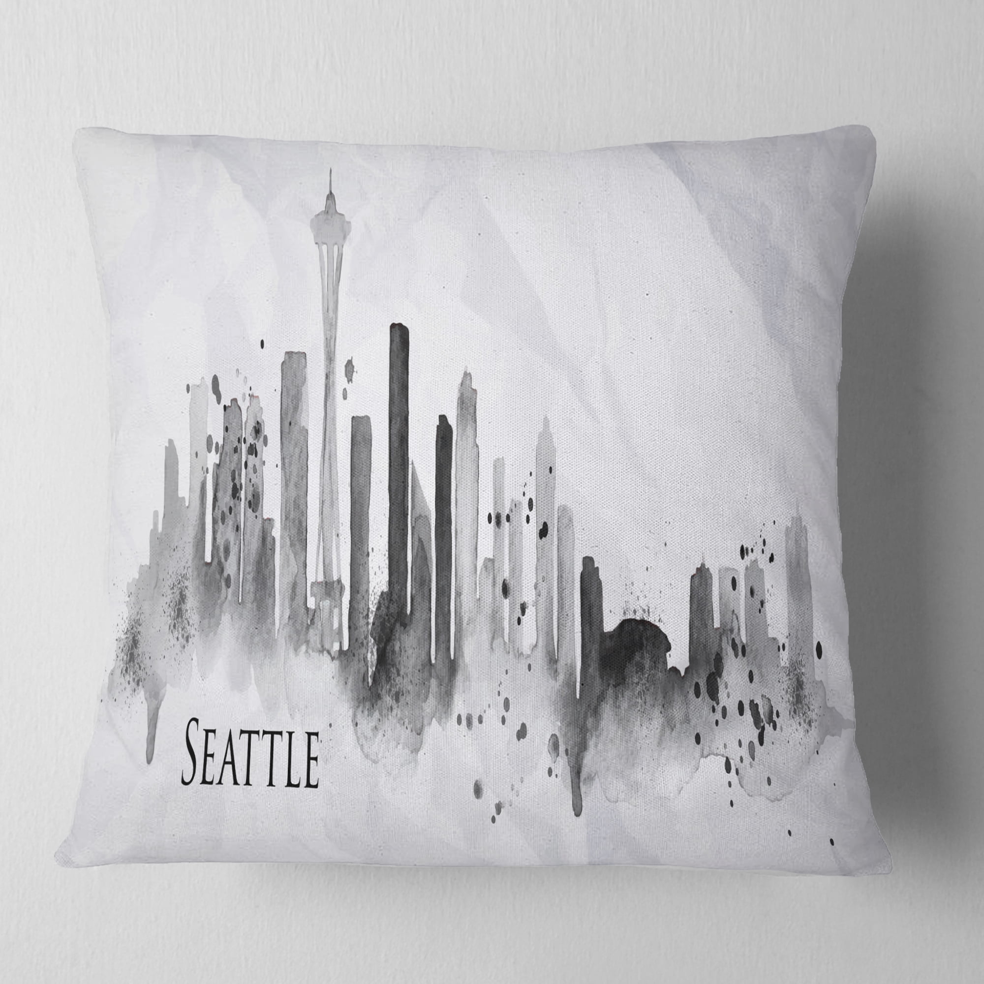 Designart Seattle Black Silhouette - Cityscape Painting Throw Pillow - 18x18