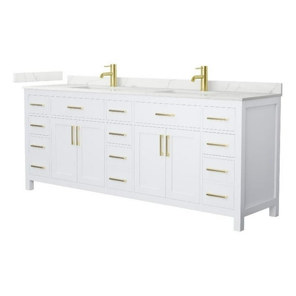 Beckett 84" White Double Vanity & Giotto Quartz Top (1-Hole) & Gold Trim