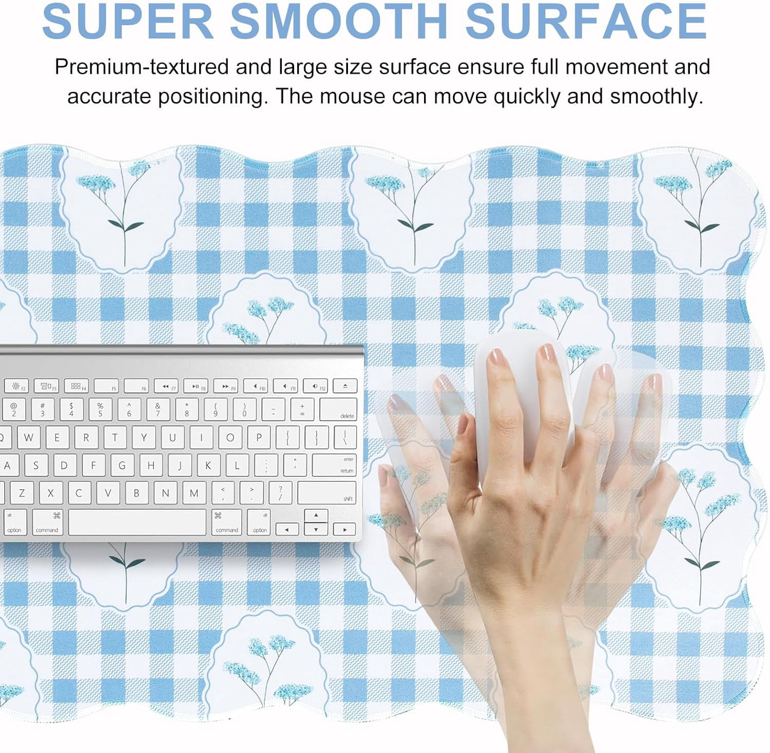 Blue Mouse Pad,Checkered Floral Desk Mat XXL Large Scalloped Cottagecore Gaming Mousepad,35.4x15.7in Non-Slip Rustic Keyboard Pad Desktop Mat for Laptop Computer Game Home Office