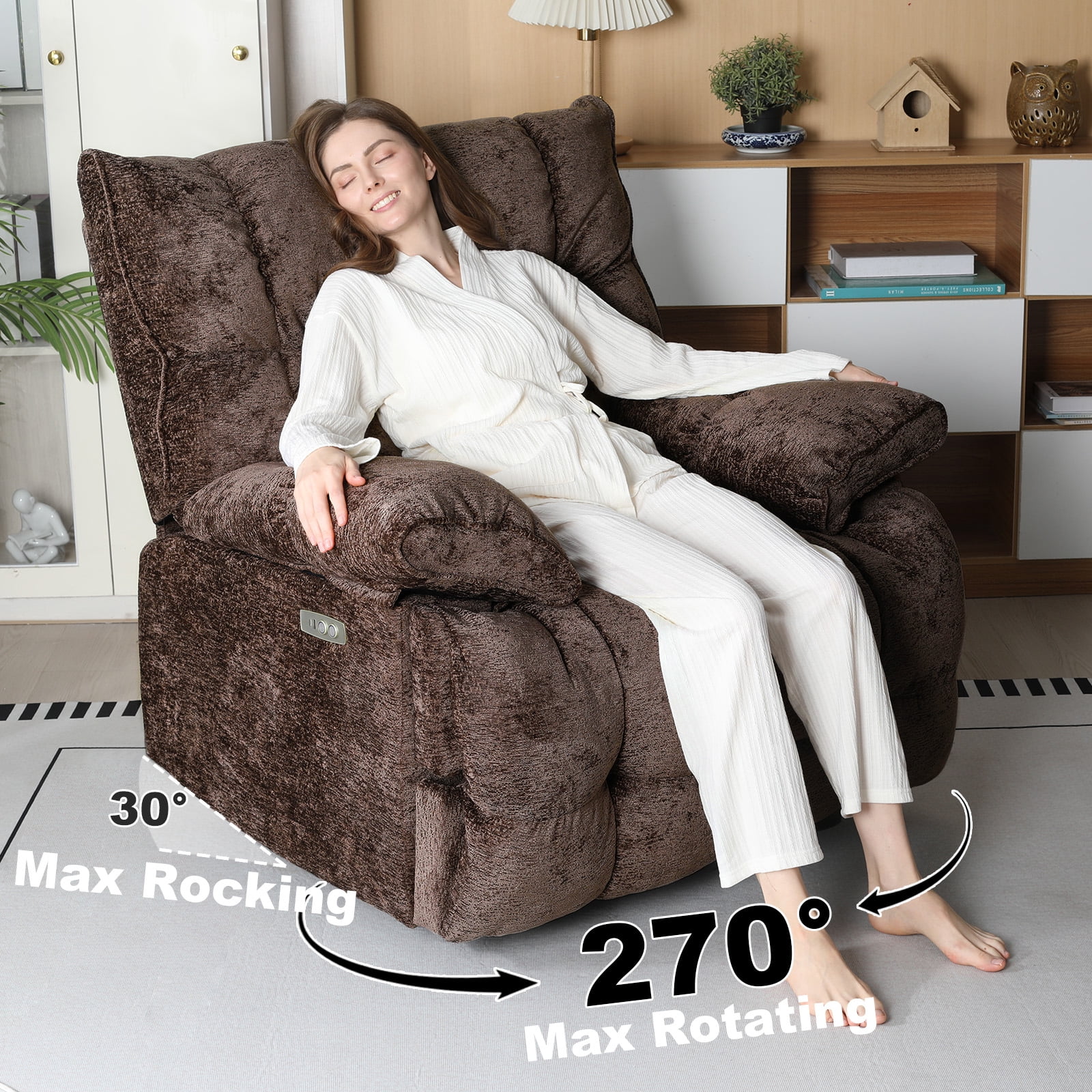 Pmango Power Oversized Recliner Chair, Extra Wide Swivel Rocking Recliner Chair, Breathable Soft Fabric Modern Single Sofa for Living Room, 90°-140° Electric Recline, USB & Type-C Port, Brown