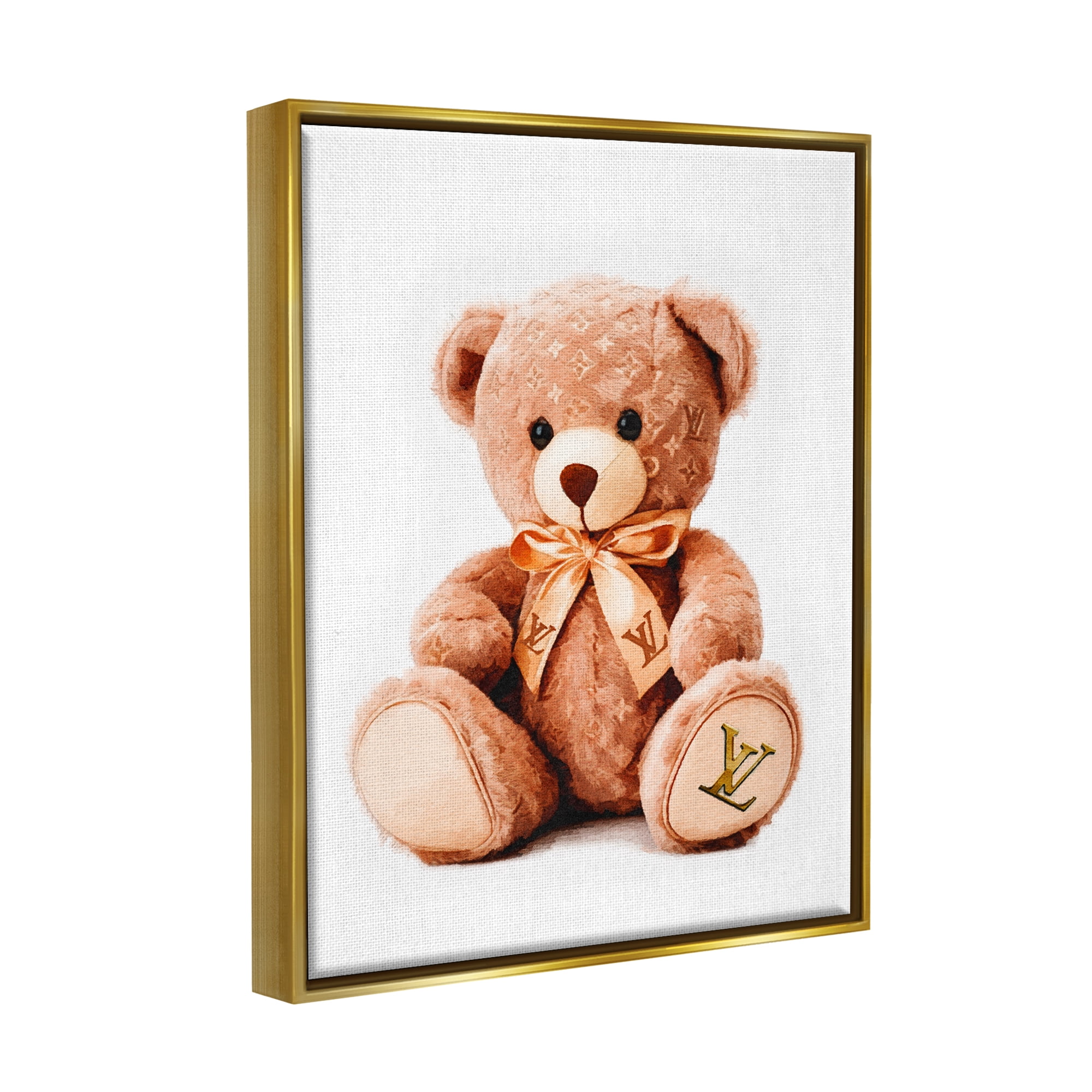 Stupell Industries Glam Brand Teddy Bear Beauty & Fashion Painting Gold Floater Framed Canvas Art Print Wall Art, 17 x 21