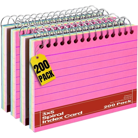1InTheOffice Spiral Index Cards 3x5, Ruled Neon Flashcards Notecards with Ring, Assorted Colors, 50 Cards/Pack (4 Pack)
