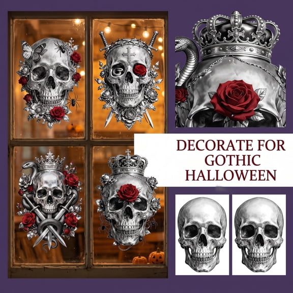 4 Pcs, Halloween Window Decorations 36 Inch Gothic Sugar Skull Window Clings Spooky Halloween for Home Party Haunted House Decor, 4 Pack