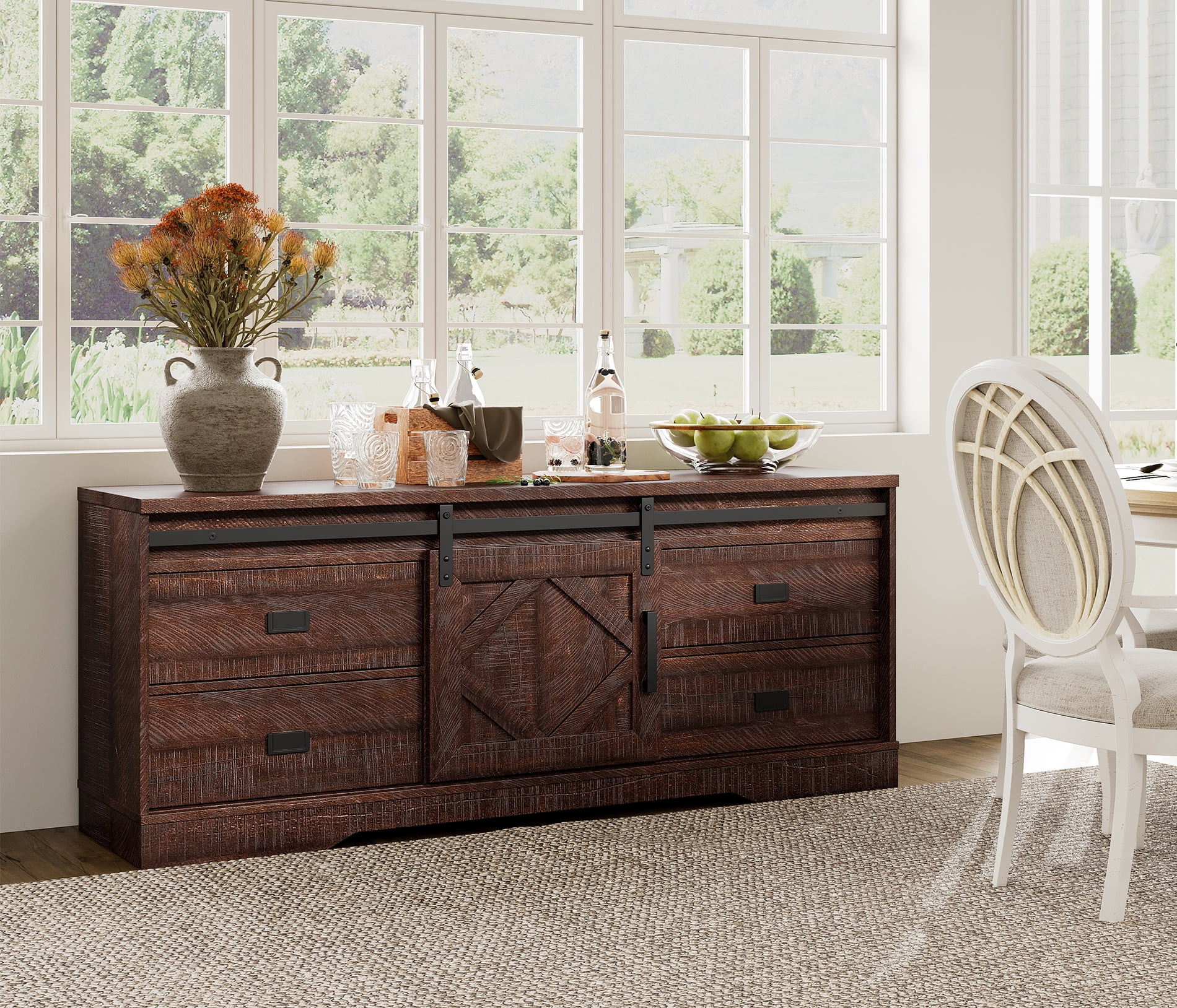 WAMPAT Farmhouse TV Stand with Charging Station and USB Ports for TVs up to 110" TVs,3 in 1 Wood Entertainment Center with 10 Drawers and Adjustable Shelves for Living Room, Rustic Brown
