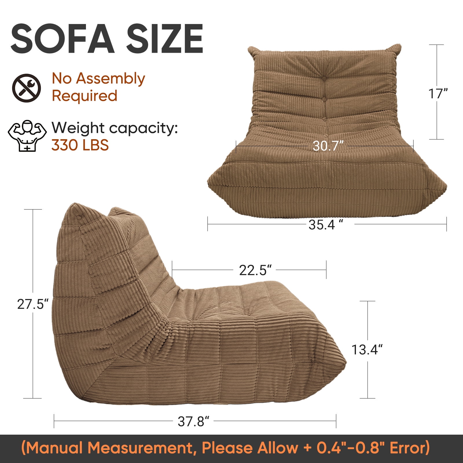 Alvantor Bean Bag Chair, Armless Lazy Sofa with Memory Foam and Soft Corduroy for Living Room Bedroom Reading Gaming