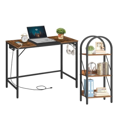 Standard Computer Desk With Power Outlet And 3-Tier Arched Bookshelf For Home Office Study