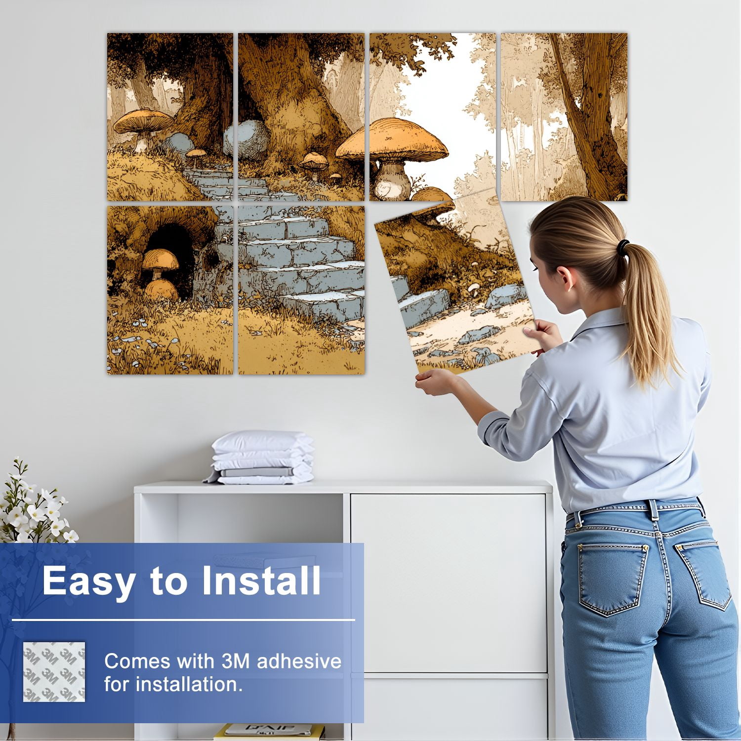 8 Pack Art Acoustic Panels Mushrooms Forest Pathway Stone Steps Giant Mushrooms Self Adhesive Sound Absorbing Panels for Home Office Studio Media Room 48"x32"