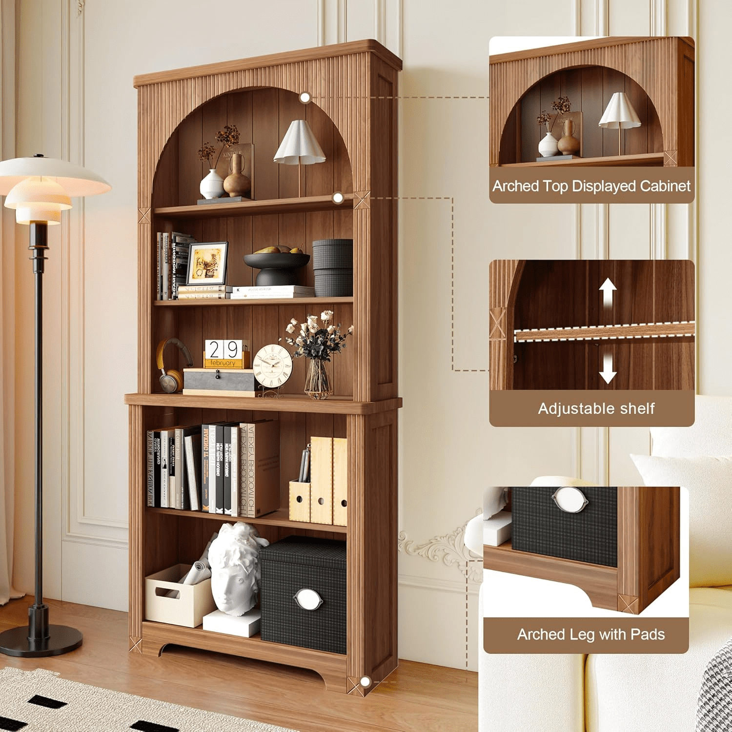 LEFHDA 2PCS 71" Tall Bookshelf, 5-Tier Bookshelf, Farmhouse Arched Bookcase, Open Display Storage Shelf Adjustable Bookshelf for Home Office, Living Room(Walunt)