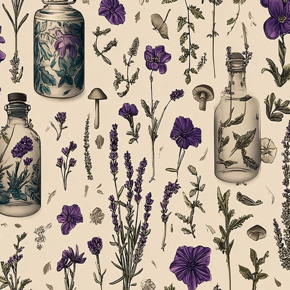 Gothic Peel and Stick Wallpaper Botanical Herb Purple Wildflower Vintage Glass Bottles Wall Mural 17.7in x 9.8ft Self Adhesive Removable Wall Paper Renter Friendly Wallpaper for Bedroom