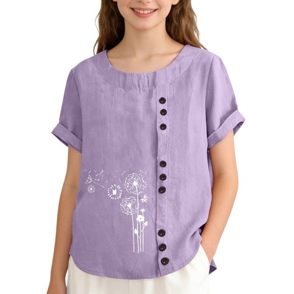 Ruyang Teen Girls Cotton Linen Tops Cute Print Button Down Crewneck T Shirt Summer Loose Lightweight Outdoor Casual Short Sleeve Shirts