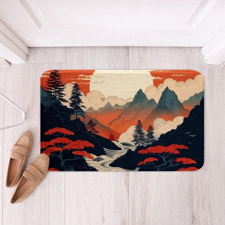 Japanese Polyester Bath Rug Soft Fleece Door Mat Vintage Landscape Non Slip Bathroom Floor Indoor Doormat 16x24 Inch