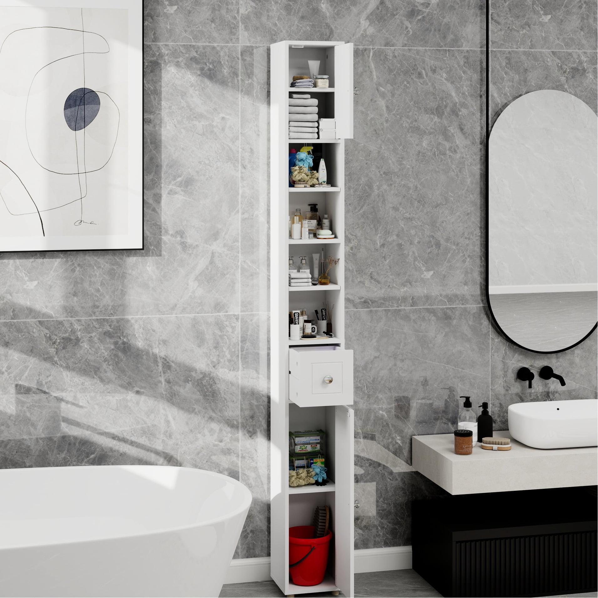 Bathroom Storage Cabinet 71" - White With 4 Adjustable Shelves 1 Drawer, 2 Doors Organize Your 7.98" X 72.25" Freestanding For Towels, Cosmetics Modern Design Home
