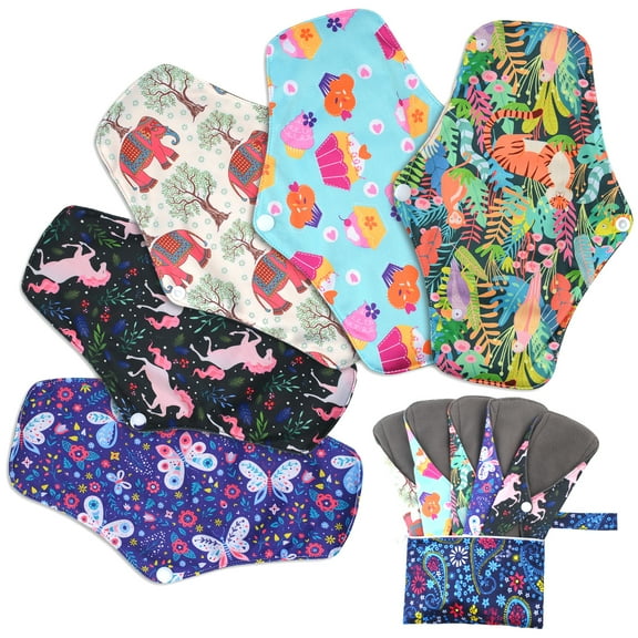 6Pcs Reusable Menstrual Pads with Wet Bag,Washable Bamboo Cloth Pads for Heavy Flow with Wings,Overnight Waterproof Period Pads,Reusable Sanitary Pads for Women