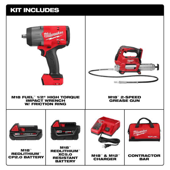 Milwaukee Electric Tool MWK2967-22GG M18 FUEL 1/2" Impact Wrench & Grease Gun Combo Kit