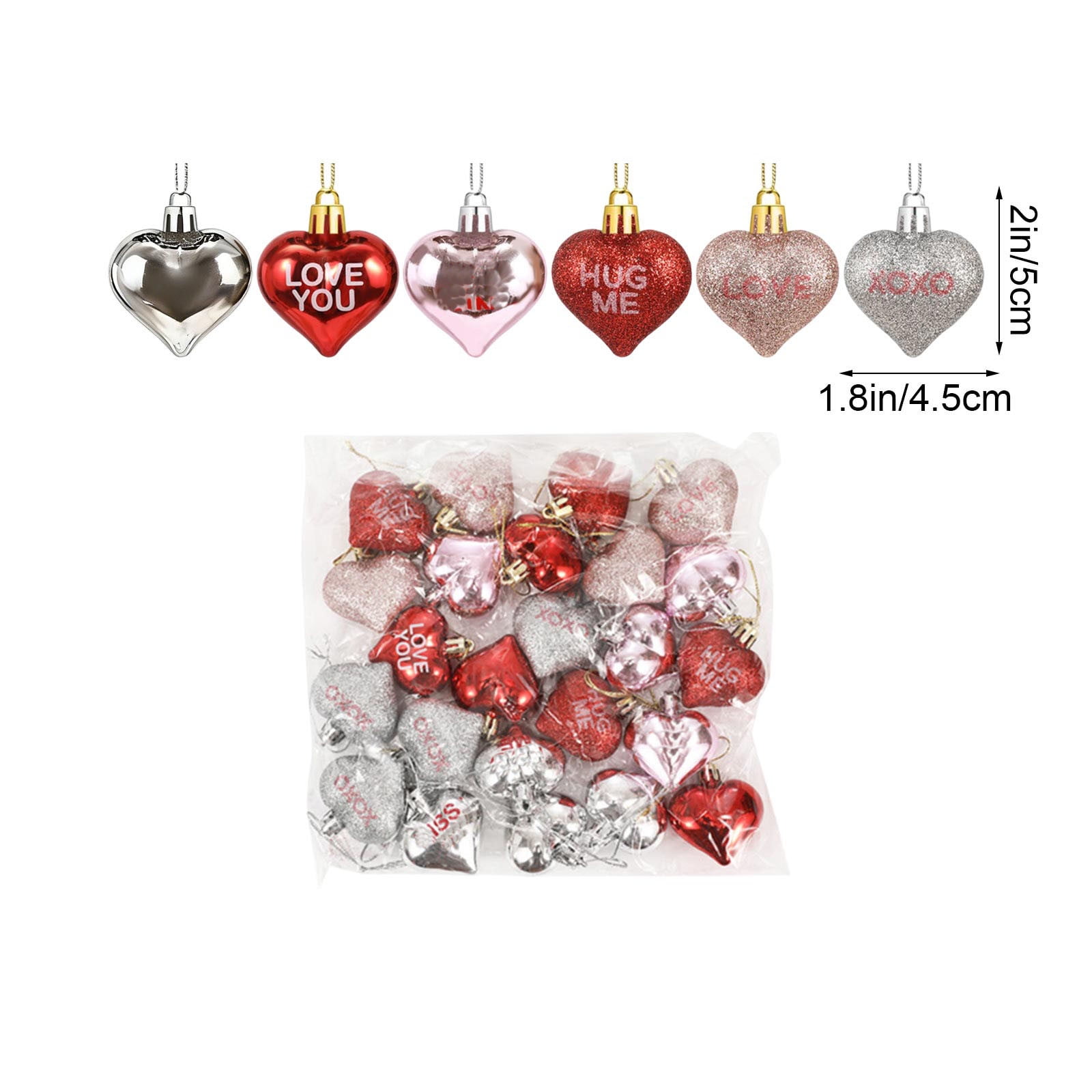 Valentine's Day Heart Ornaments, 24-Piece Set Glitter & Glossy Heart Shaped Decorations with Ribbon, Shatterproof Plastic for Tree Home Party, Multicolor