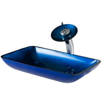 KRAUS Rectangular Blue Glass Bathroom Vessel Sink and Waterfall Faucet Combo Set with Matching Disk and Pop-Up Drain, Chrome Finish