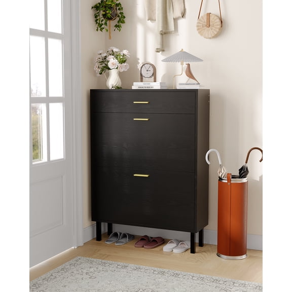 Slim Narrow Shoe Cabinet for Entryway with 3 Flip Drawers and 3-Tier Adjustable Shelves, Freestanding Wooden Shoe Storage Organizer, Black