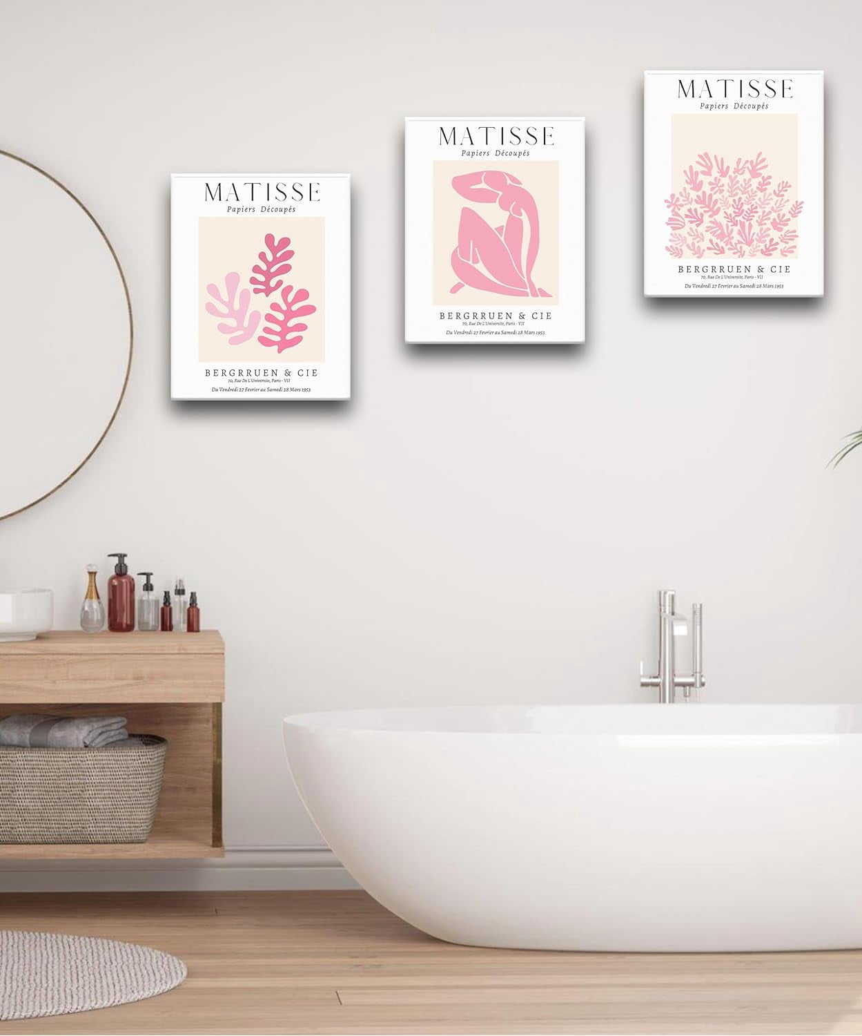 Framed Matisse Pink Wall Art Set of 3,Minimalist Canvas Wall Decor,Truly Quality Canvas Prints for 12x16IN,Art Poster Decoration for Bathroom,Bedroom
