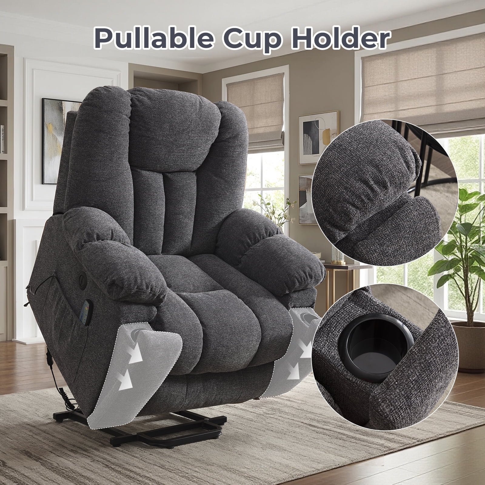 Ebello Large Power Lift Recliner Chair with Heat Massage, USB Ports - Ergonomic Recliner Chair for Elderly, Dark Gray