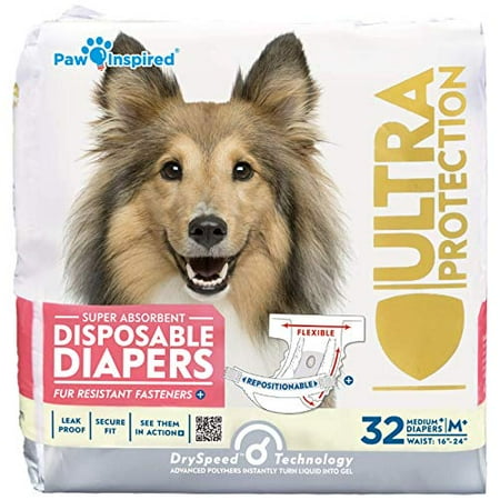 Paw Inspired Disposable Dog Diapers Female| Puppy  Doggie  Cat  Pet Diapers |Diapers for Dogs in Heat Period  Diapers that Stay on  Senior  Excitable Urination  or Incontinence (Medium Plus  32 Count)