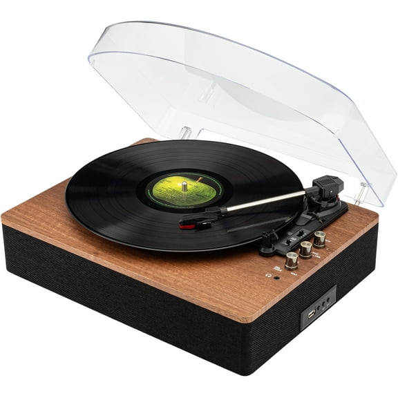 SoundBeast Retro Wooden Turntable with 3-Speed Vinyl Record Player, Built-In Stereo Speakers, Bluetooth, 3.5mm Aux In, USB Playback, & USB Recording to MP3