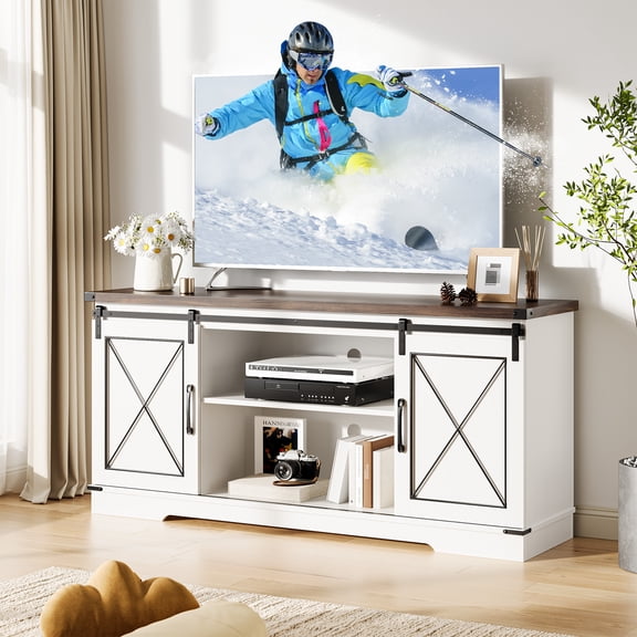 Garvee Farmhouse TV Stand for TVs up to 65 Inch – Rustic Wood Entertainment Center with Sliding Barn Doors, Adjustable Shelves, Open Storage Compartment – for Living Room or Bedroom, White