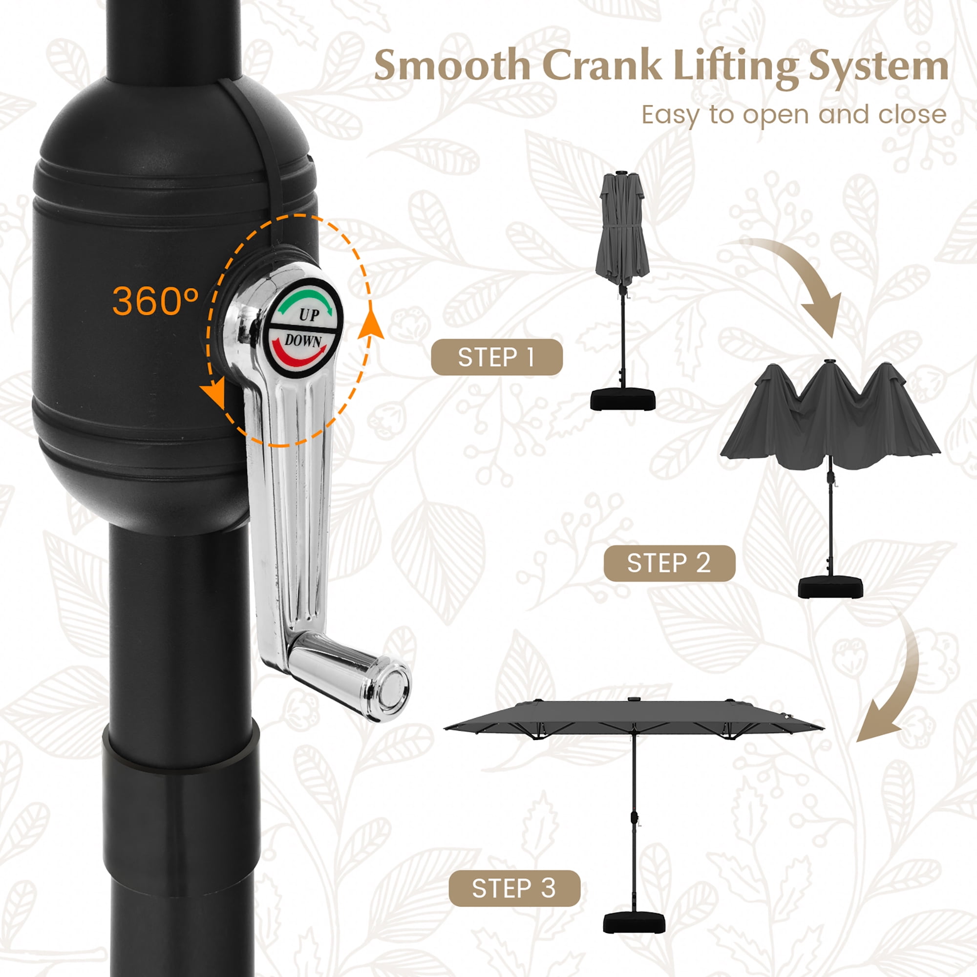Gymax 13FT Double-sided Patio Umbrella w/ Solar Lights Crank Handle Umbrella Base Grey