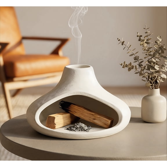Ceramic Palo Santo Holder with Mini Chimney, Ash Catcher Incense Holder for Palo Santo Sticks, Sage Bundles, Incense Cones, Fireplace Style Smudge Bowl for Meditation, Yoga Home Decor(White)
