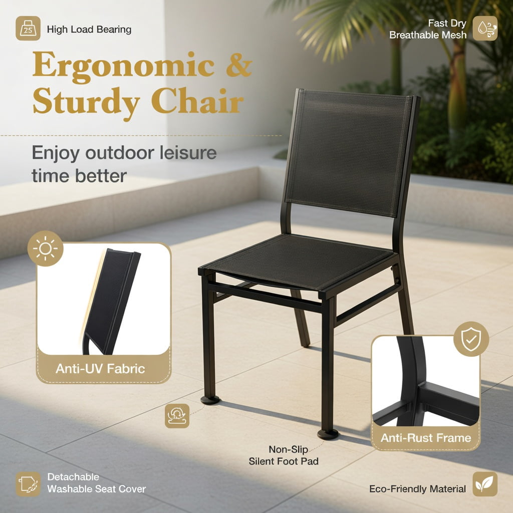 Hommoo 2-Pack Outdoor Dining Chairs, Breathable Mesh Back & Seat, Lightweight Aluminum Frame, Rust-Resistant for Patio, Porch, Poolside & Indoor Use, Black