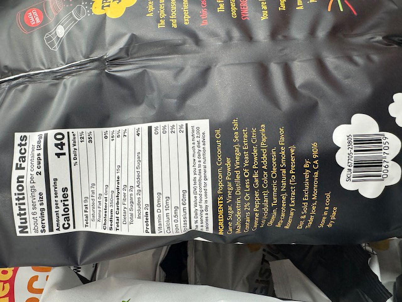 2 x Trader Joe's Synergistically  Seasoned Popcorn (Tangy, Salty, Smoky, Spicy- Cayenne Pepper and Garlic Powder) NET WT 5.5 oz 156g