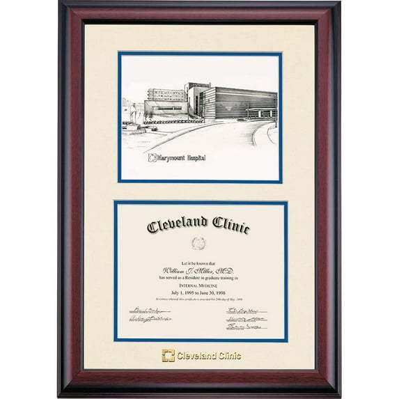 OCM Diploma Frame for Cleveland Clinic, Ivory/Royal Blue Mat with Cleveland Clinic Marymount Pen & Ink, 24" x 17"