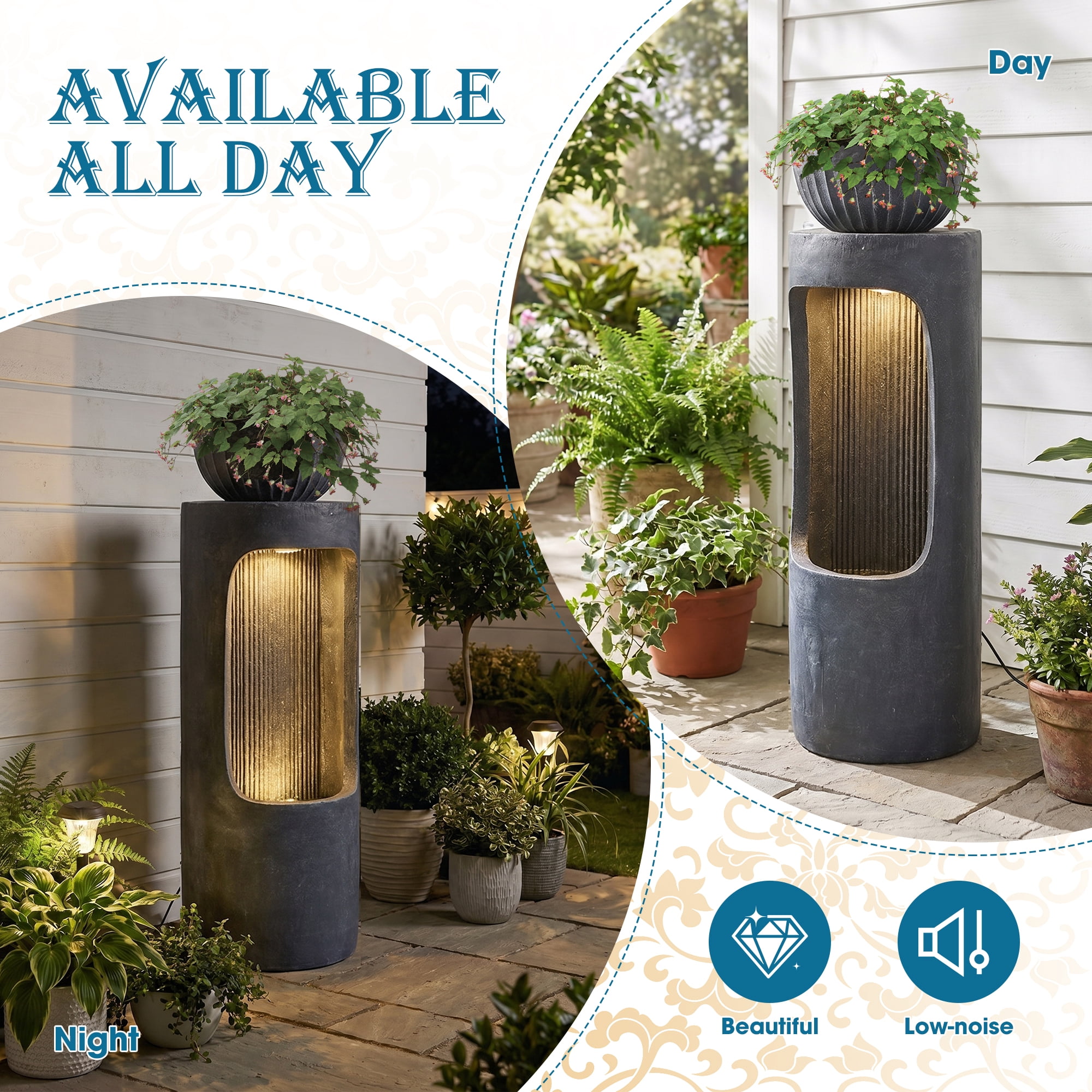 Haverchair 37.2''H Outdoor Water Fountain with LED Light, Large Column Garden Waterfall Foutains with Bird Feeder, Indoor Cascading Resin Water Feature w/Plant Pot for Patio, Porch and Home Decor