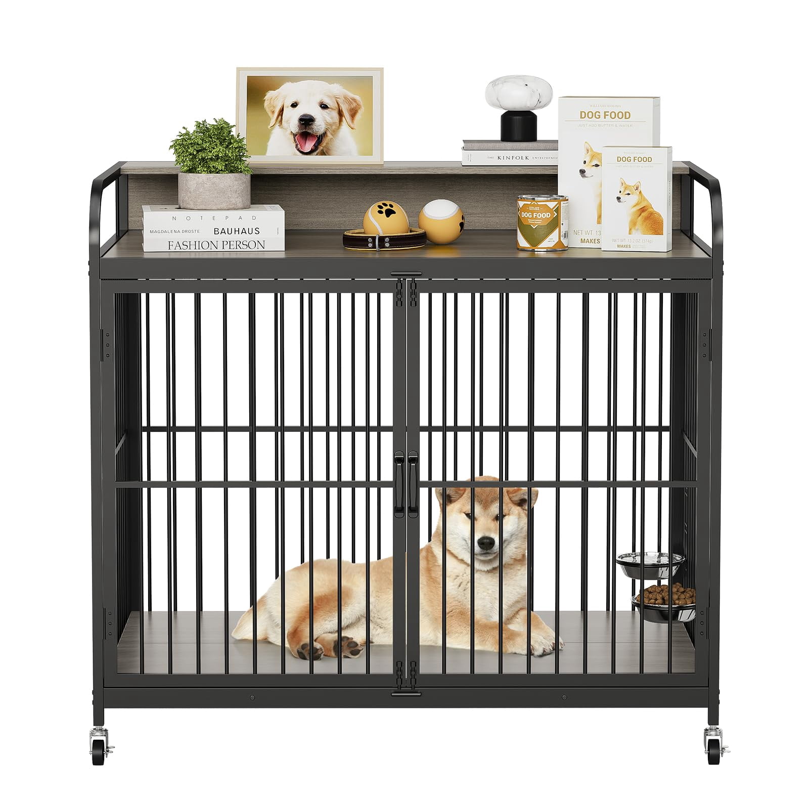 Danolapsi 48" W Large Dog Crate Furniture,with 360° Adjustable Elevated Feeder,Dog Crate with 360° Wheels for Easy Mobility,Heavy Dog Furniture,Indoor Decorative Dog Kennel,Sturdy Metal Construction