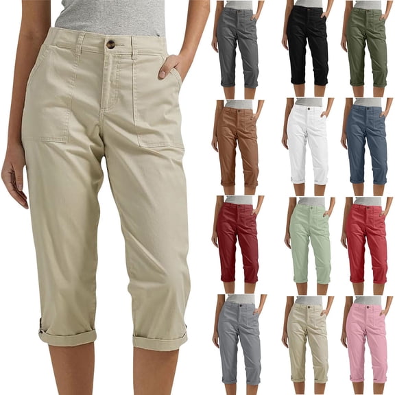 Frostluinai Cargo Capris for Women High Waist Pull on Capri Pants Solid Casual Rolled Capris Lightweight Hiking Fising Cropped Pants with Pocket