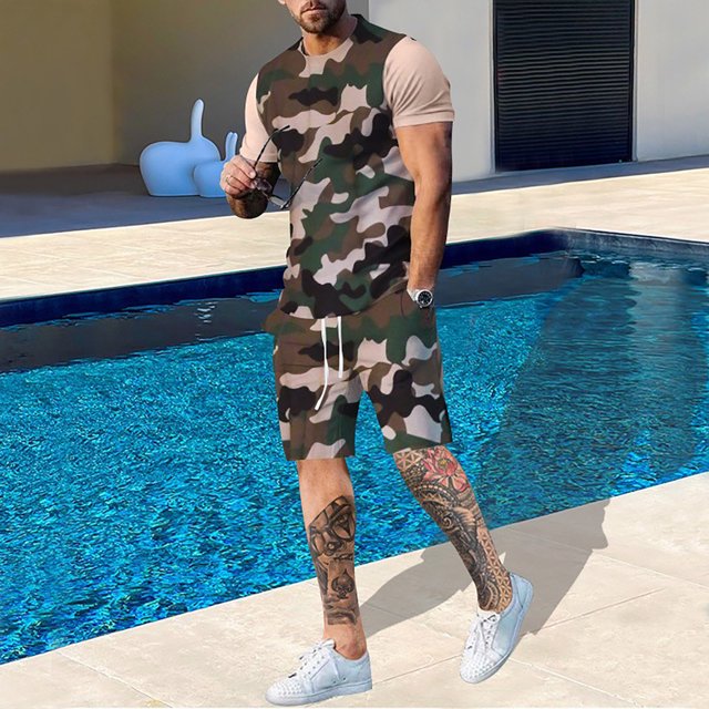 WILLBEST Pantalones Cortos Cortos Hombre Traje de Manga Corta 3D para Hombre Pantalones Cortos de Playa Pantalones Cortos Deportivos de Cuerpo Tropical Traje Deportivo