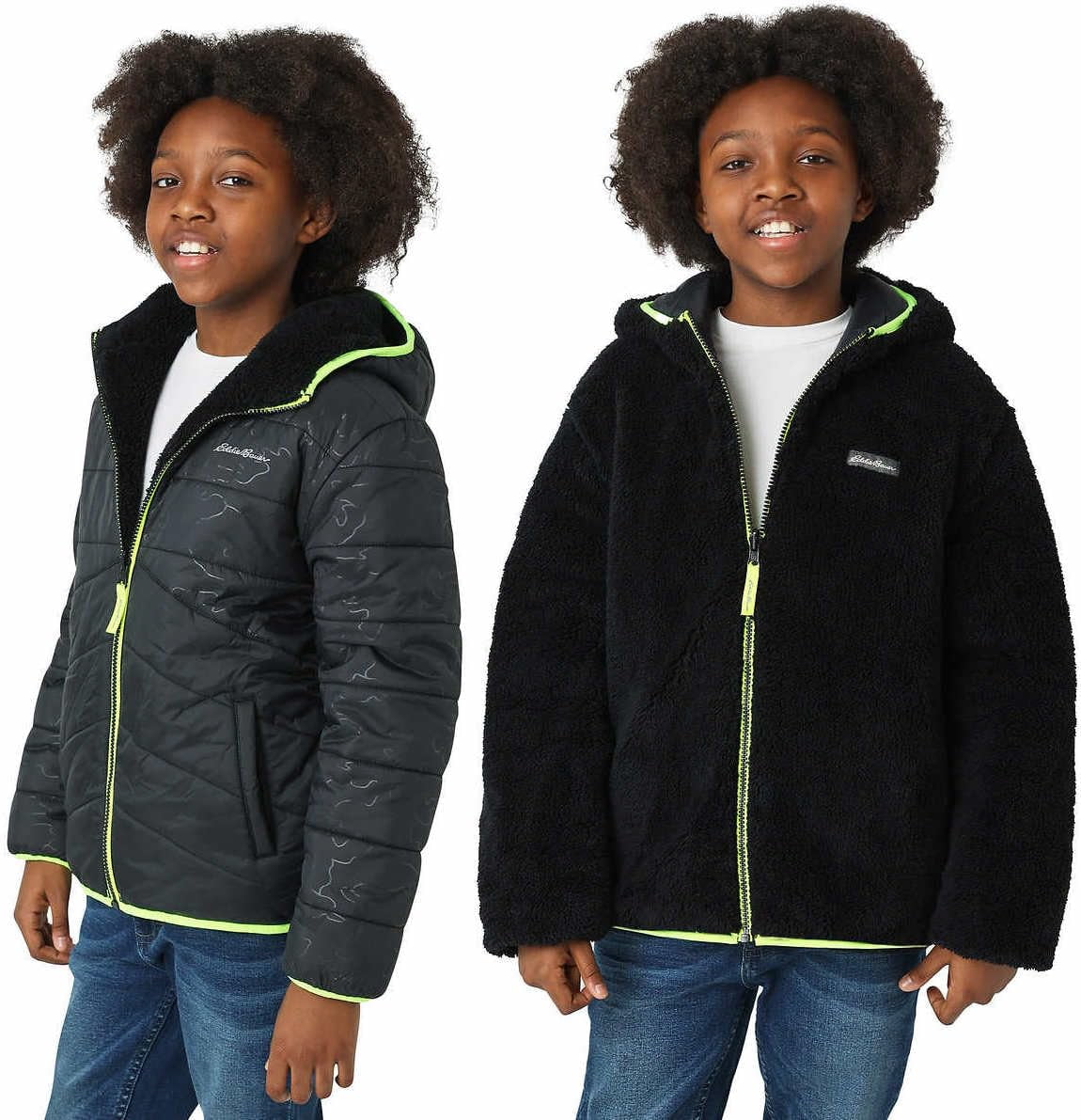 Eddie Bauer Boys Reversible Hooded Down Jacket Color: Black