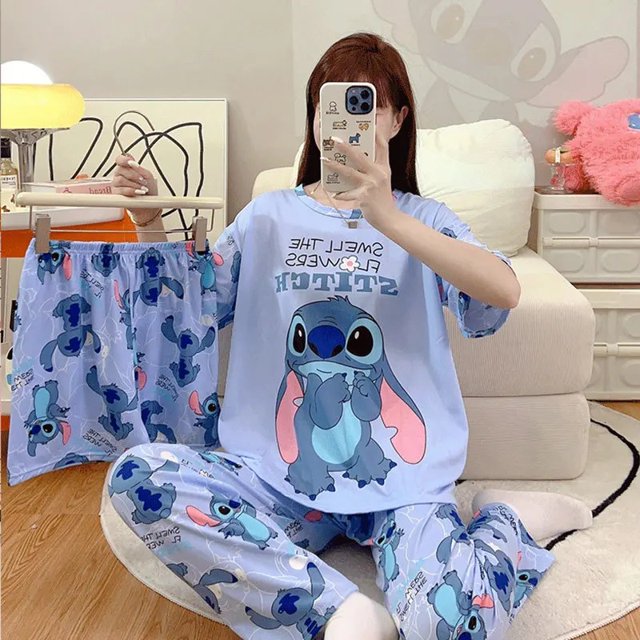 Conjunto de pijamas de dibujos animados de verano para mujer, pantalones largos de manga corta tipo algodón, ropa para el hogar de estilo lindo, traje de tres piezas, ropa de dormir