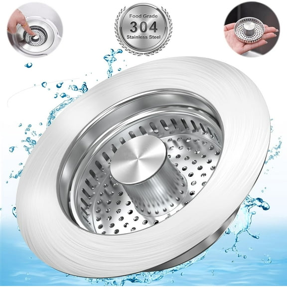 Purevigil 3-in-1 Kitchen Sink Strainer Stopper Combo Stainless Steel Wrap Around Sink Downspout for US Standard 3-1/2 inch Sewer Strainer, Smooth Handle for Easy Cleaning, Anti-Clogging