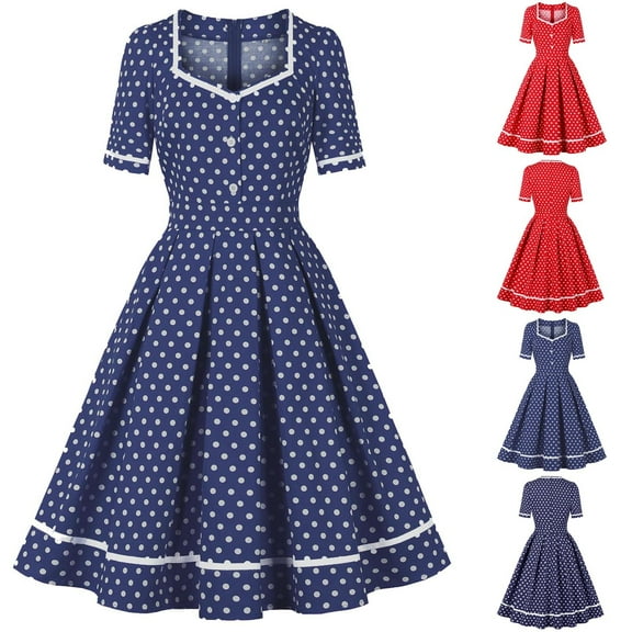 THDHVS Wedding Guest Dresses for Women,Womens Dresses,Vintage Polka Dot Fits and Flare Dress with Print Panels Navy