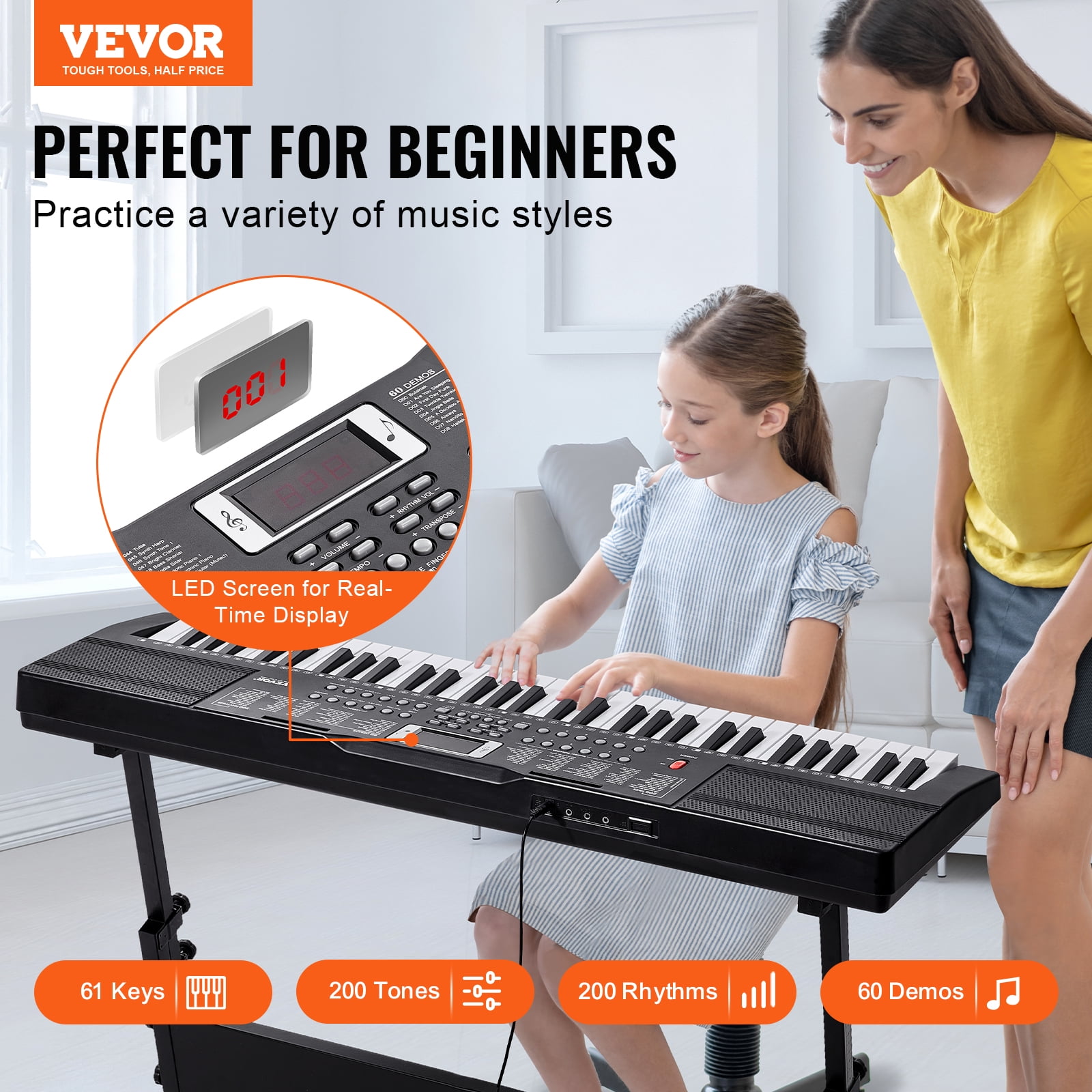 VEVOR 61 Key Digital Keyboard Piano, 200 Tones & Rhythms,60 Demo Songs Built-In Dual Speakers Headphones, Portable Piano Keyboard Kit for Beginners