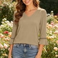 thumbnail image 4 of Bosfbaoi 3/4 Bell Sleeve Tops for Women Solid V Neck Hollow Trim Casual Blouses, 4 of 7