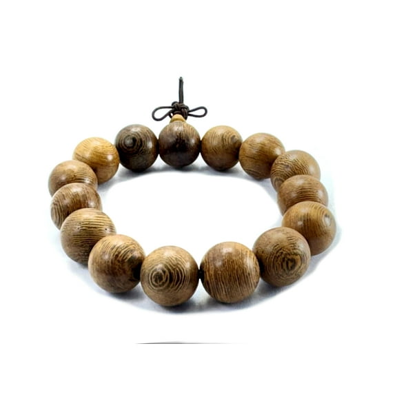 Green Sandalwood Mala Stretch Bracelet, Tibetan Buddhist Prayer Beads with Infinity Knot, Natural Wood Grain Design, Men, Women, 12mm,