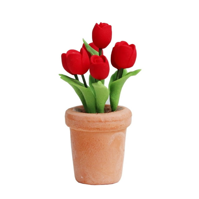 Maceta en miniatura con forma de tulipán rojo Dollhouse, de resina a escala 1:12