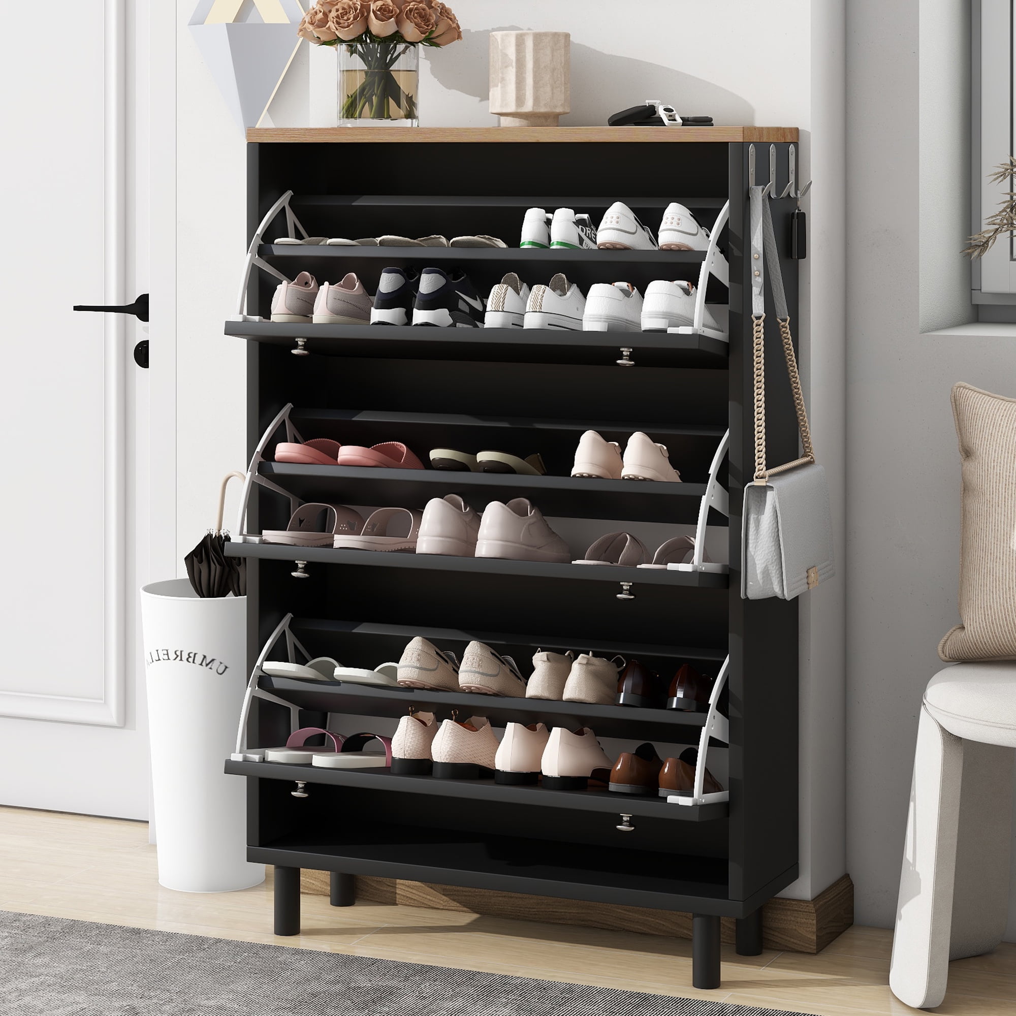 Narrow Shoe Cabinet with 3 Flip Drawers Adjustable Entryway Organizer with 3 Hooks, Free Standing Shoe Rack for Hallway