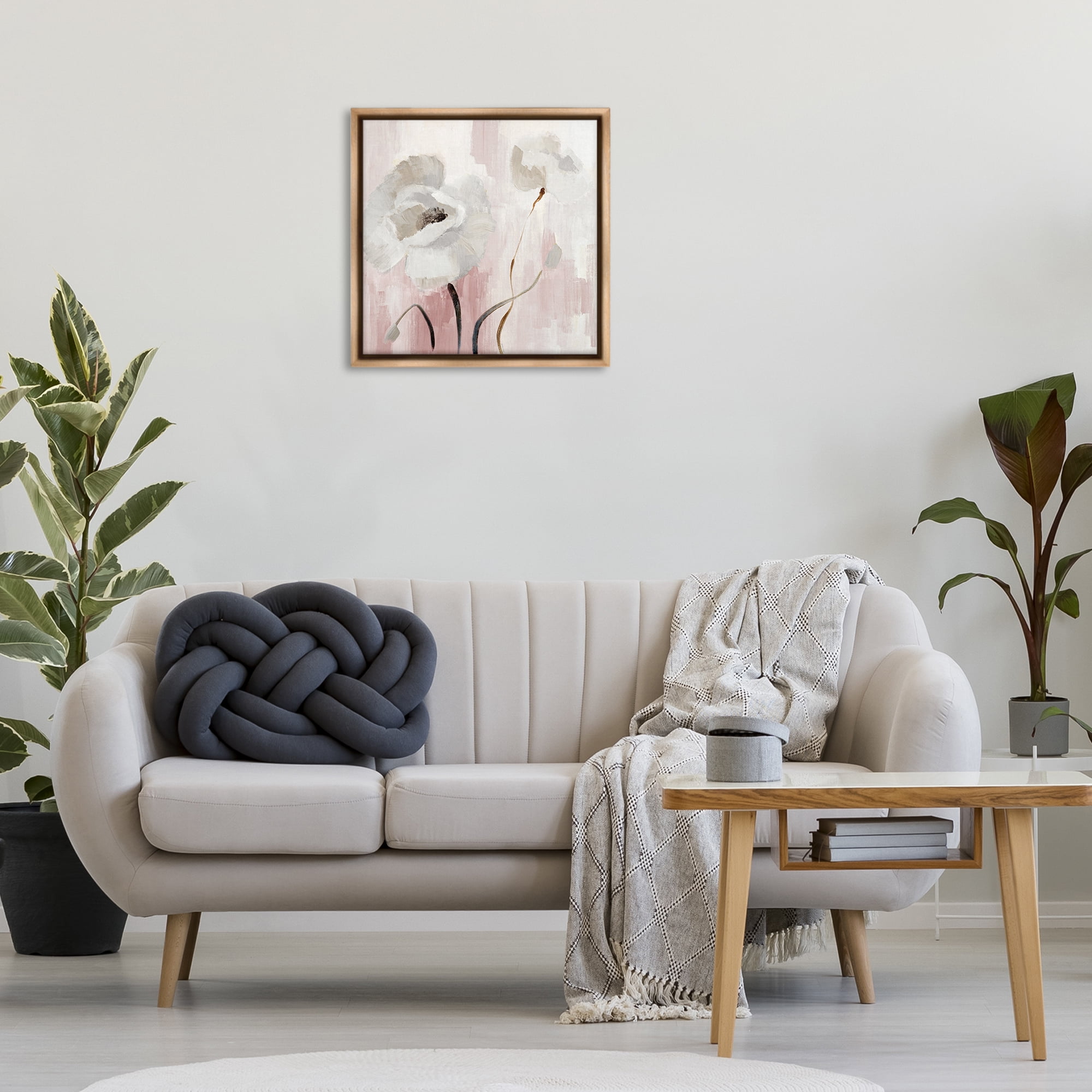 Stupell Industries Abstract White Blossoms Botanical & Floral Painting Brown Floater Framed Canvas Art Print Wall Art, 25 x 25