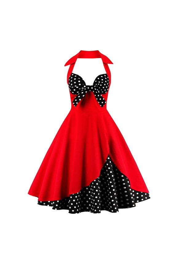 Womens 1950s Vintage Rockabilly Princess Pageant Prom Dress Floral Halter Swing Wedding Evening Party Gown 2XL Red+Black