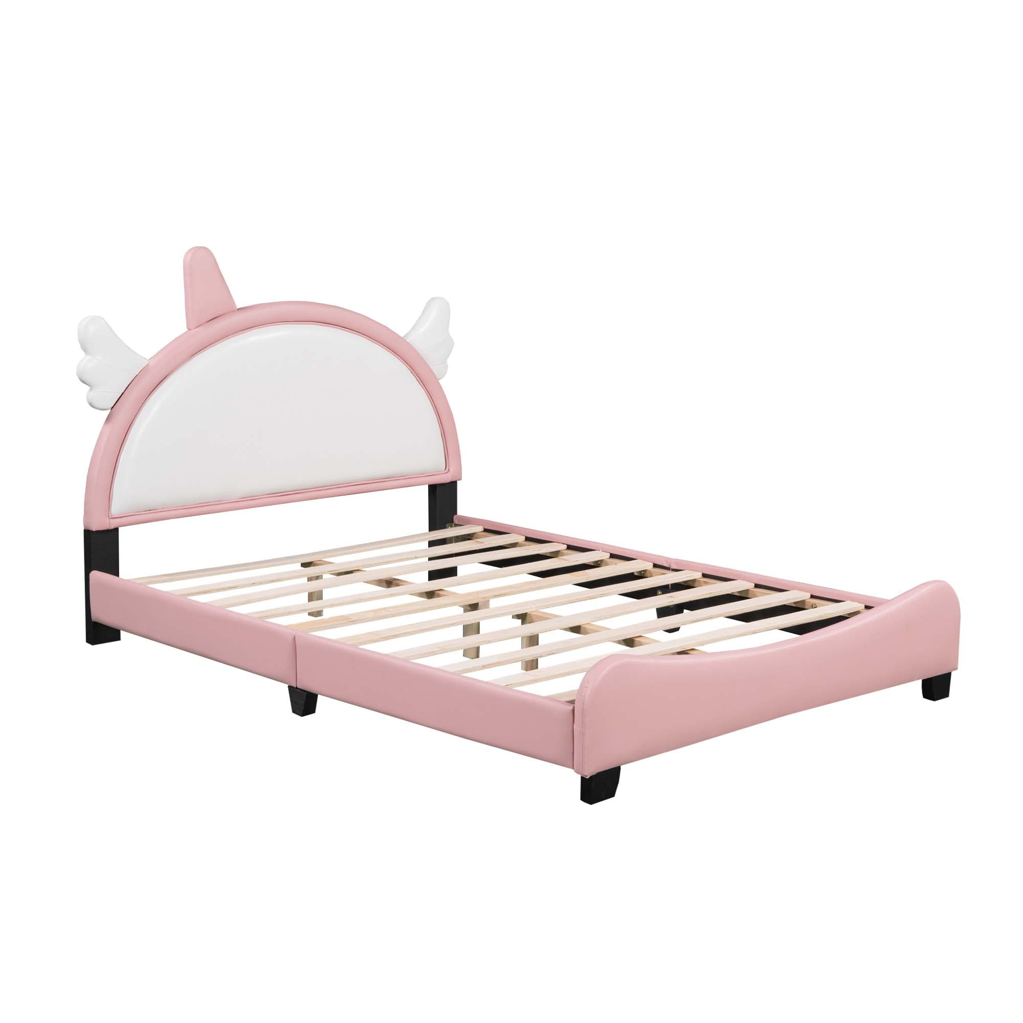 Aukfa Upholstered Bed with Unicorn Horn Headboard for Kids, PU Full Size Platform Bed - White