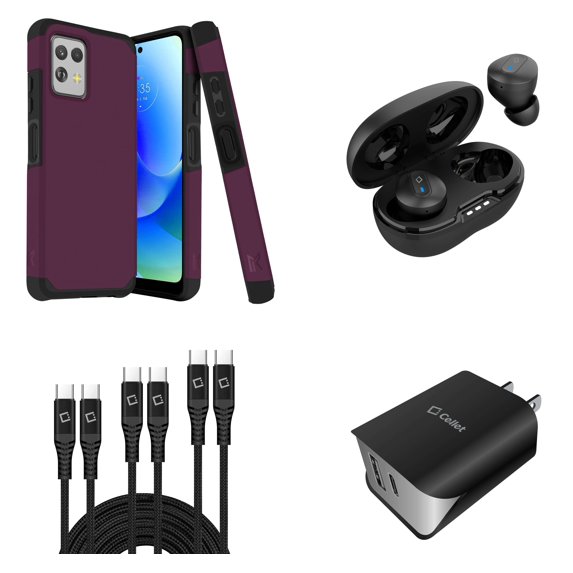 BD Combo Bundle Case for Moto G Power 5G 2023 Case - (Dark Purple) Dual Shockproof Protector Armor Case with Wireless Earbuds, UL Certified Dual Wall Charger, 3-Pack of USB Cables (3ft, 6ft, 10ft)
